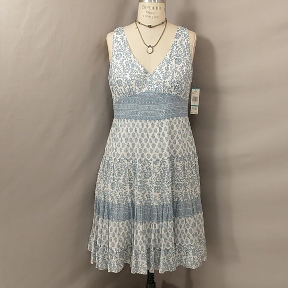 Jones New York Dresses & Skirts - Cotton Block Print Summer Dress Wedgewood Blue & White Lined Midi Tiered Skirt